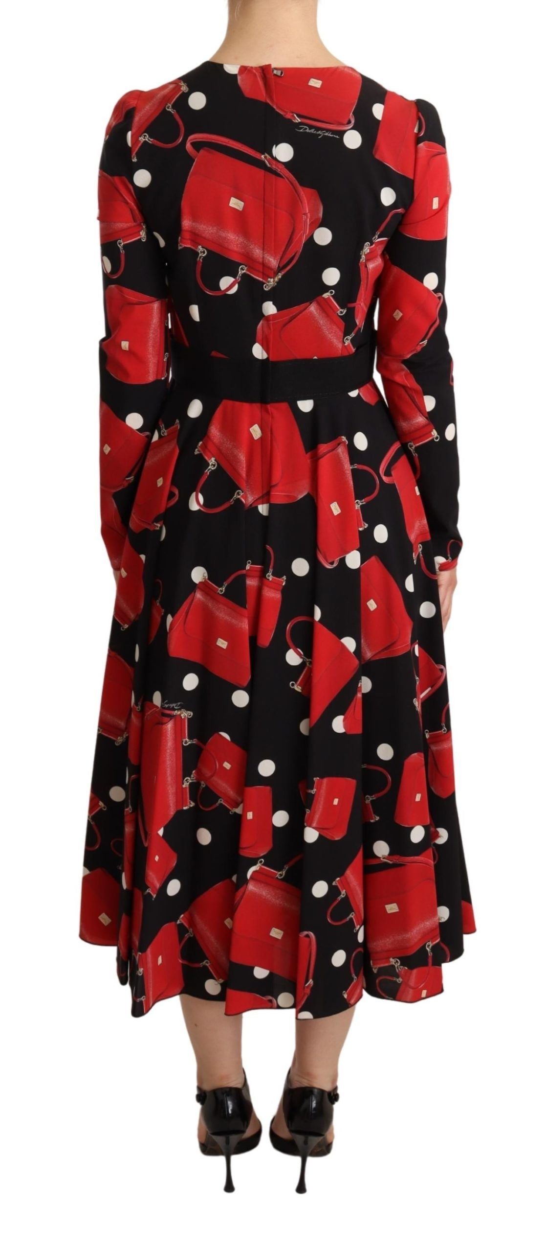 Dolce & Gabbana Black Sicily Bag Print Flared Midi Dress