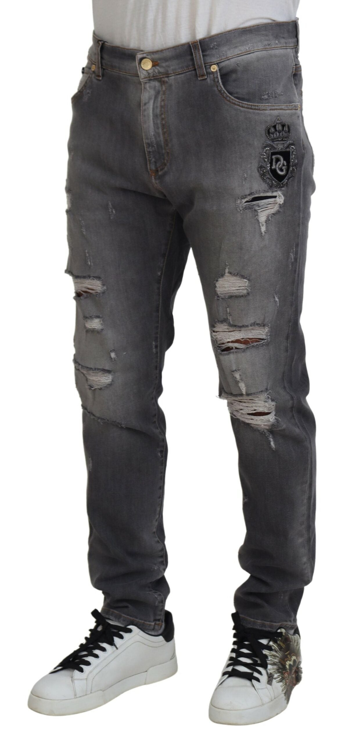 Dolce & Gabbana Gray Embroidery Tattered Cotton Denim Jeans