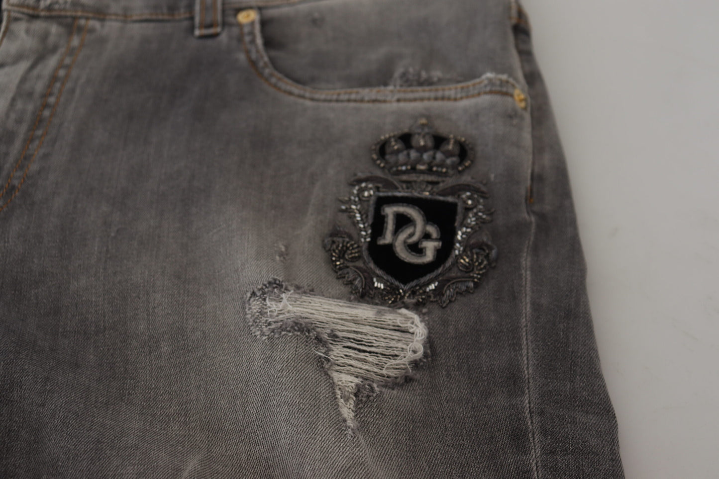 Dolce & Gabbana Gray Embroidery Tattered Cotton Denim Jeans