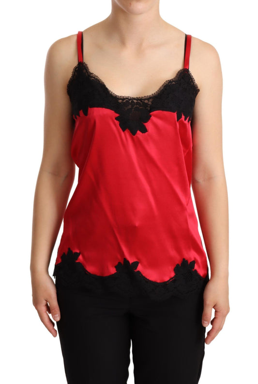 Dolce & Gabbana Red Floral Lace Trimmed Silk Satin Camisole Top