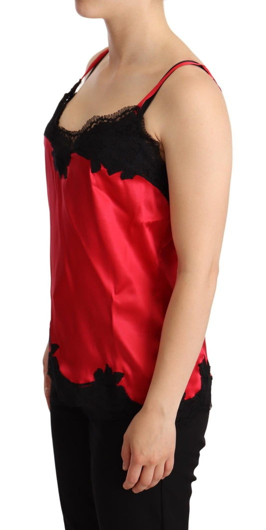 Dolce & Gabbana Red Floral Lace Trimmed Silk Satin Camisole Top