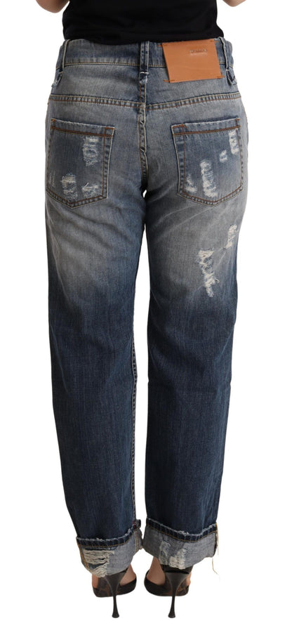 Acht Blue Tattered Mid Waist Straight Denim Trouser