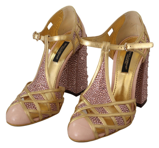 Dolce & Gabbana Pink Gold Leather Crystal Pumps T-strap Shoes