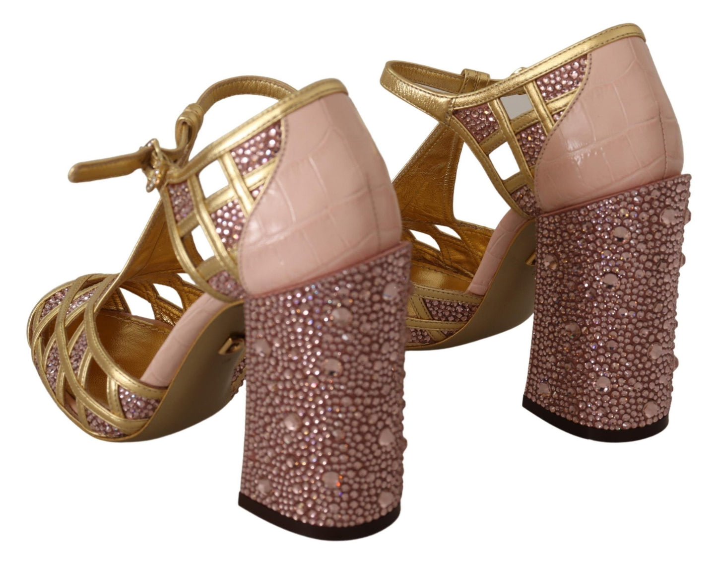 Dolce & Gabbana Pink Gold Leather Crystal Pumps T-strap Shoes