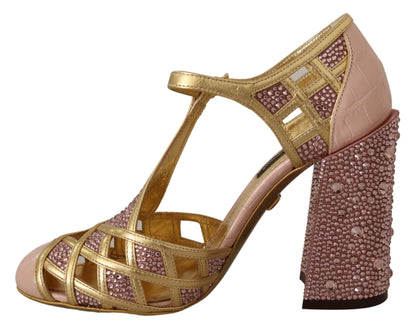 Dolce & Gabbana Pink Gold Leather Crystal Pumps T-strap Shoes