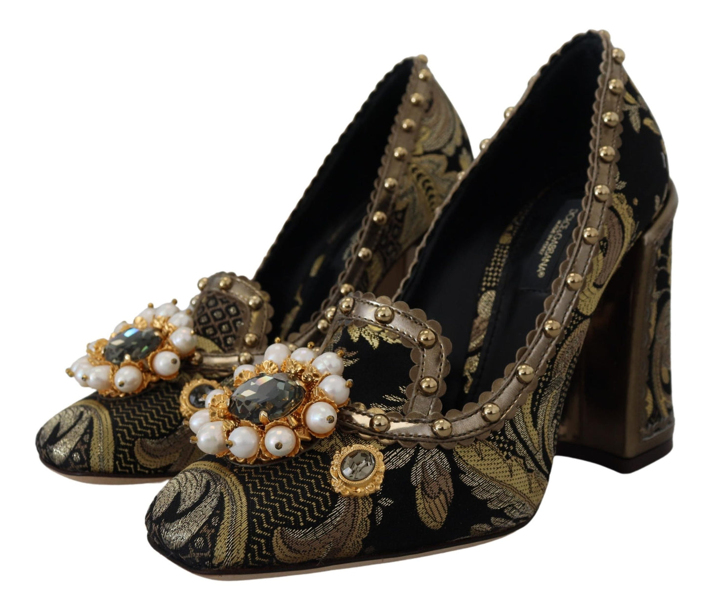 Dolce & Gabbana Gold Crystal Square Toe Brocade Pumps Shoes