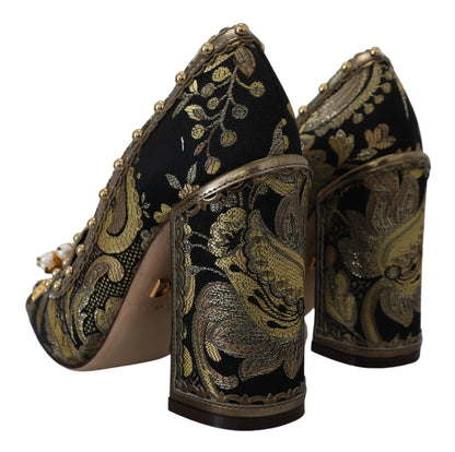 Dolce & Gabbana Gold Crystal Square Toe Brocade Pumps Shoes