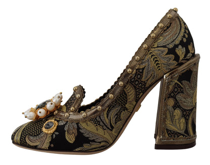 Dolce & Gabbana Gold Crystal Square Toe Brocade Pumps Shoes