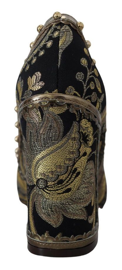 Dolce & Gabbana Gold Crystal Square Toe Brocade Pumps Shoes