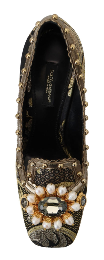 Dolce & Gabbana Gold Crystal Square Toe Brocade Pumps Shoes