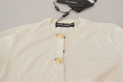 Dolce & Gabbana White Silk Knit Rose Button Cardigan Sweater