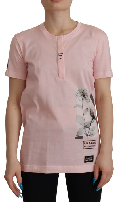 Dolce & Gabbana Floral Henley Cotton Tee in Pink