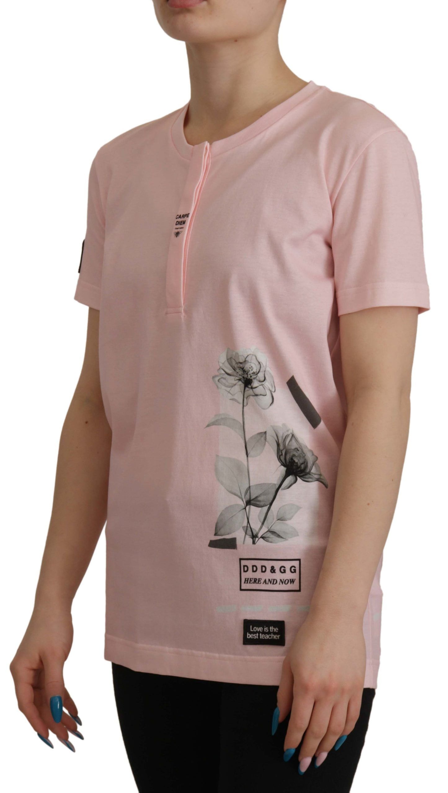 Dolce & Gabbana Floral Henley Cotton Tee in Pink