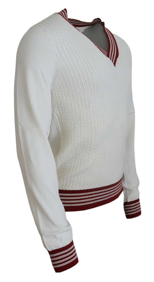 Dolce & Gabbana White Red Knitted V-neck Pullover Sweater