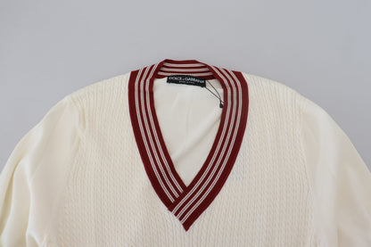 Dolce & Gabbana White Red Knitted V-neck Pullover Sweater