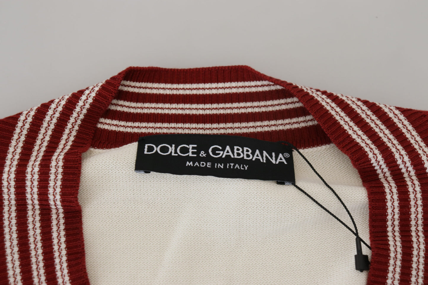 Dolce & Gabbana White Red Knitted V-neck Pullover Sweater