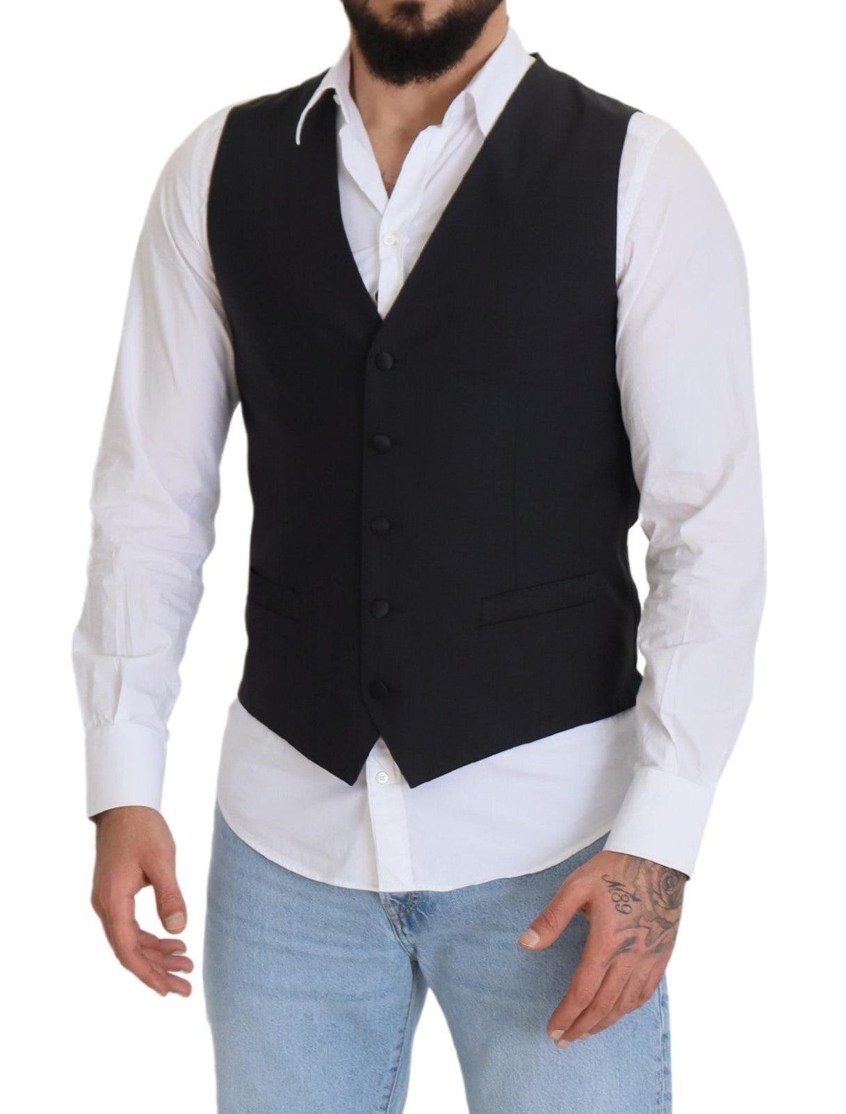 Dolce & Gabbana Black Wool Stretch Waistcoat Formal Vest