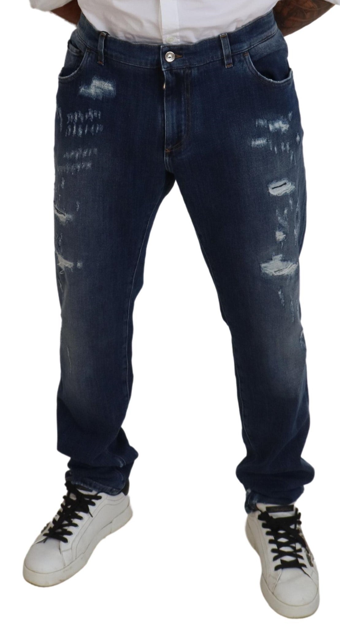 Dolce & Gabbana Blue Tattered Cotton Stretch Slim Denim Jeans