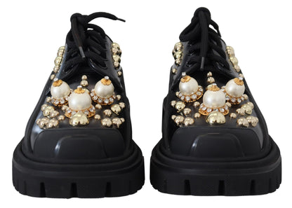 Dolce & Gabbana Black Leather Trekking Derby Embellished Shoes