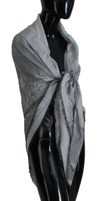 Costume National Gray Print Shawl Foulard Fringes Scarf