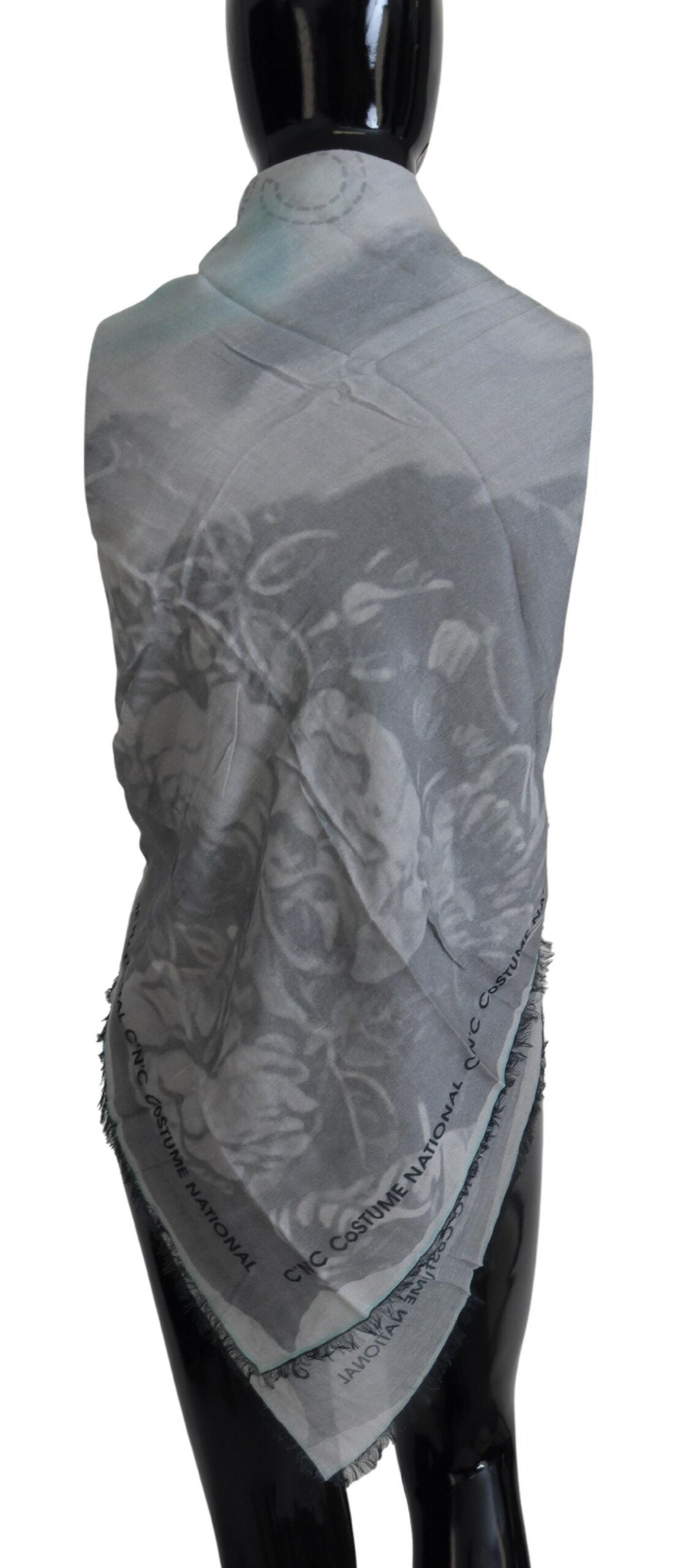 Costume National Gray Print Shawl Foulard Fringes Scarf