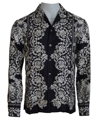 Dolce & Gabbana Blue Silk Floral Baroque Satin Casual Shirt