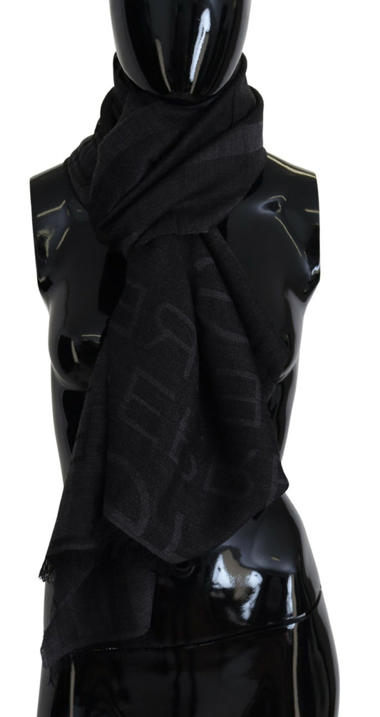 GF Ferre Black Wool Knitted Neck Wrap Shawl Fringes Scarf