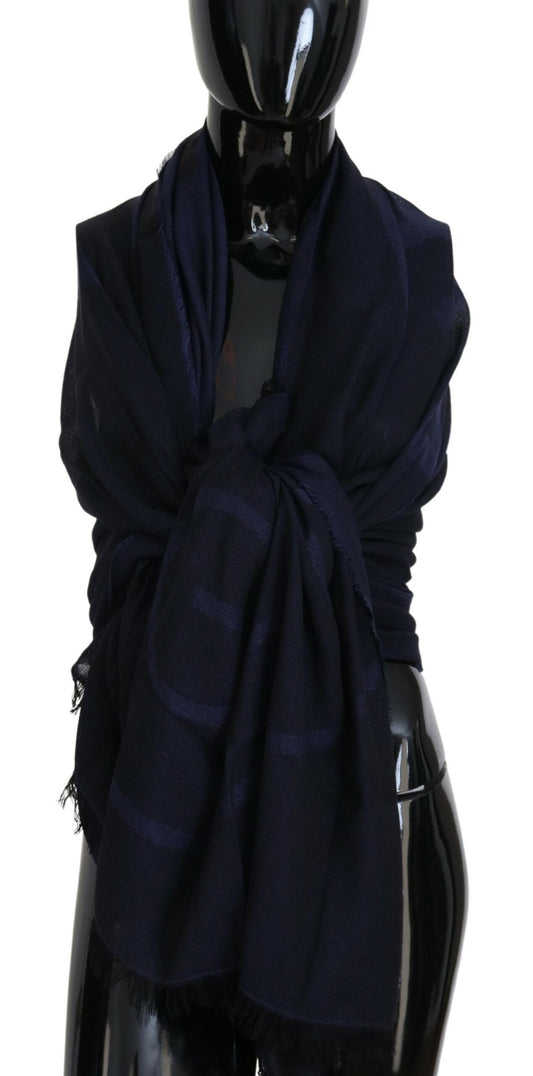 GF Ferre Dark Blue Wool Neck Wrap Shawl Fringes Scarf