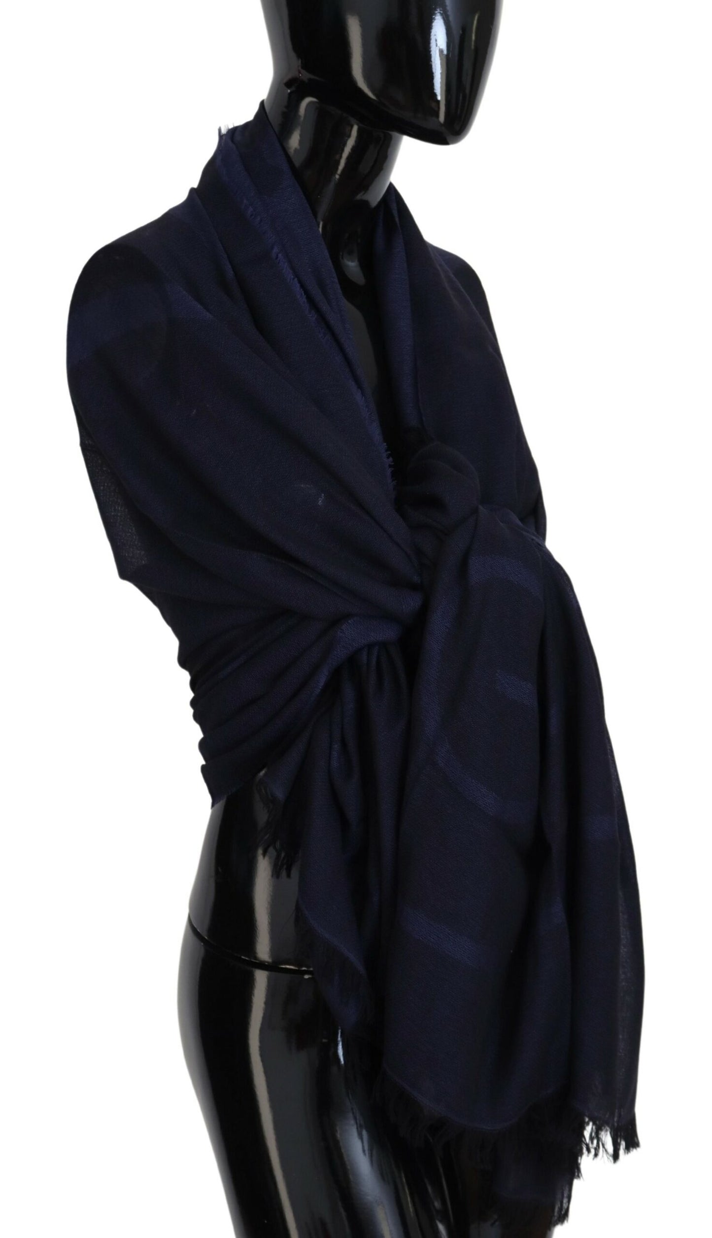 GF Ferre Dark Blue Wool Neck Wrap Shawl Fringes Scarf