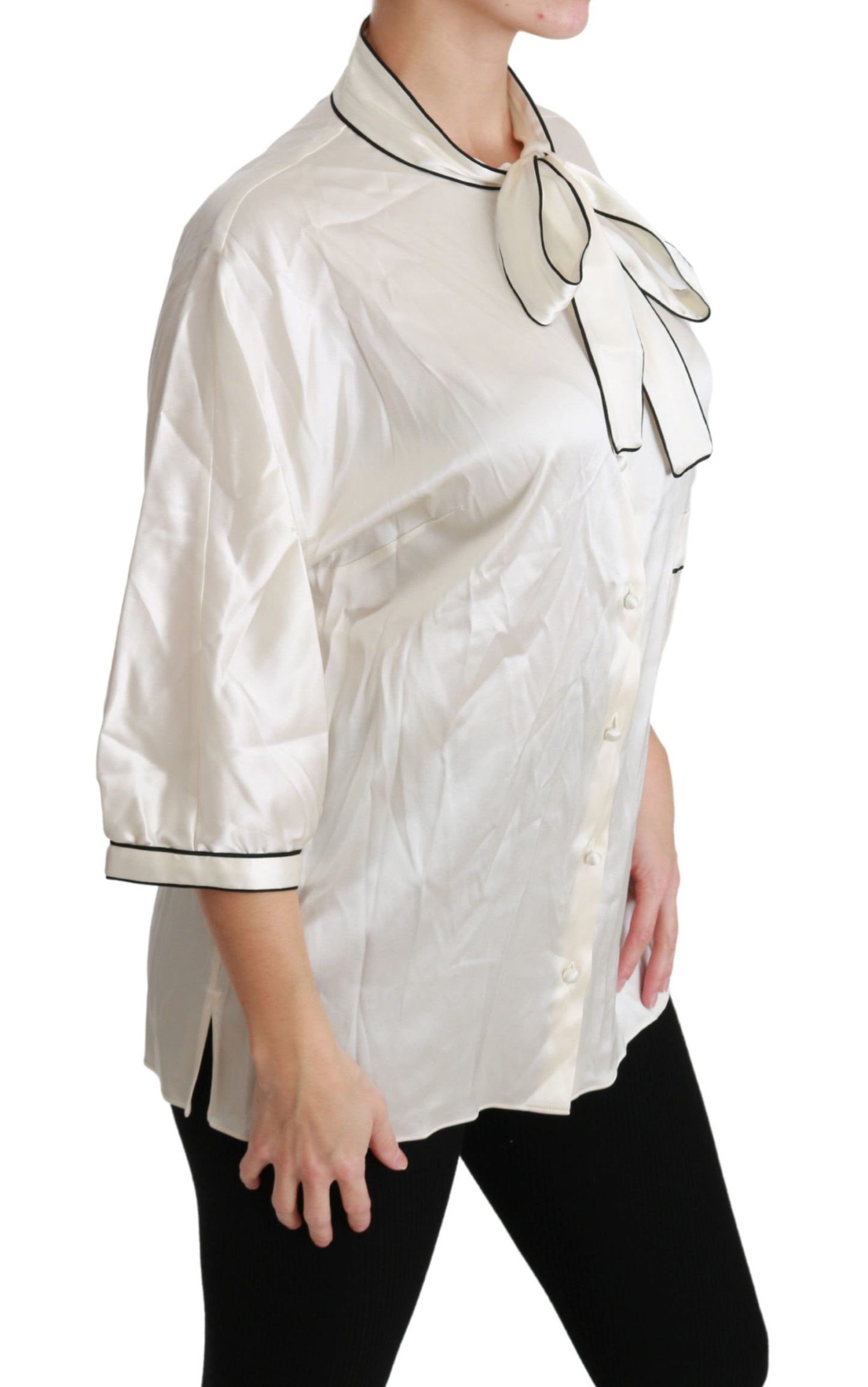 Dolce & Gabbana Elegant Beige Silk Blouse with Bow Scarf