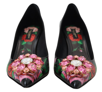 Dolce & Gabbana Black Floral Print Crystal Heels Pumps Shoes