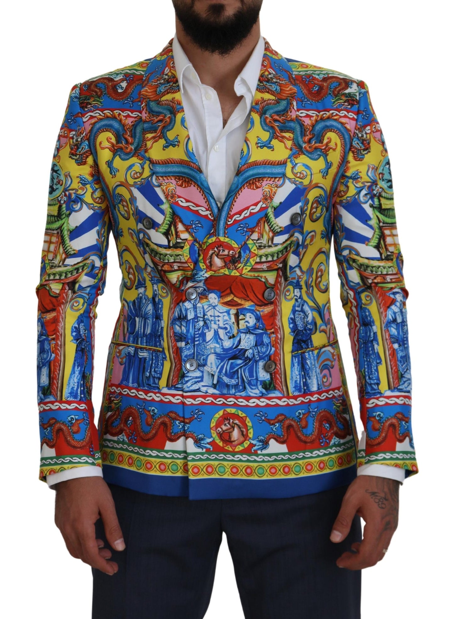 Dolce & Gabbana Multicolor Dragon Print Silk Slim Fit Blazer