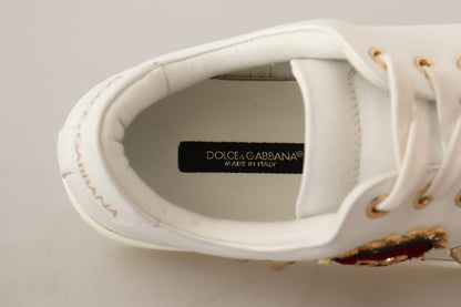 Dolce & Gabbana White Leather Gold Red Heart Sneakers Shoes