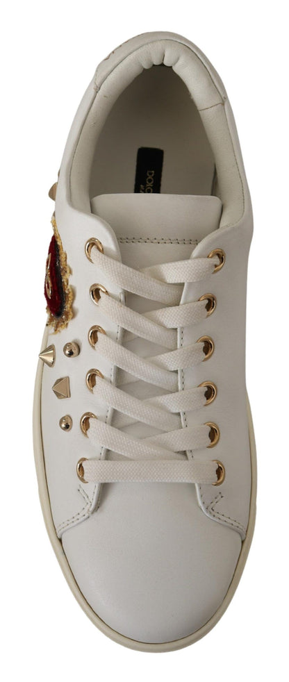 Dolce & Gabbana White Leather Gold Red Heart Sneakers Shoes