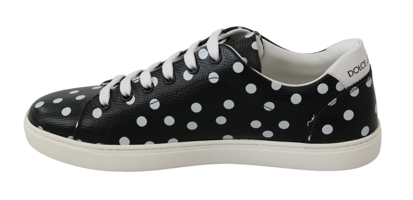 Dolce & Gabbana Black Leather Polka Dots Sneakers Shoes