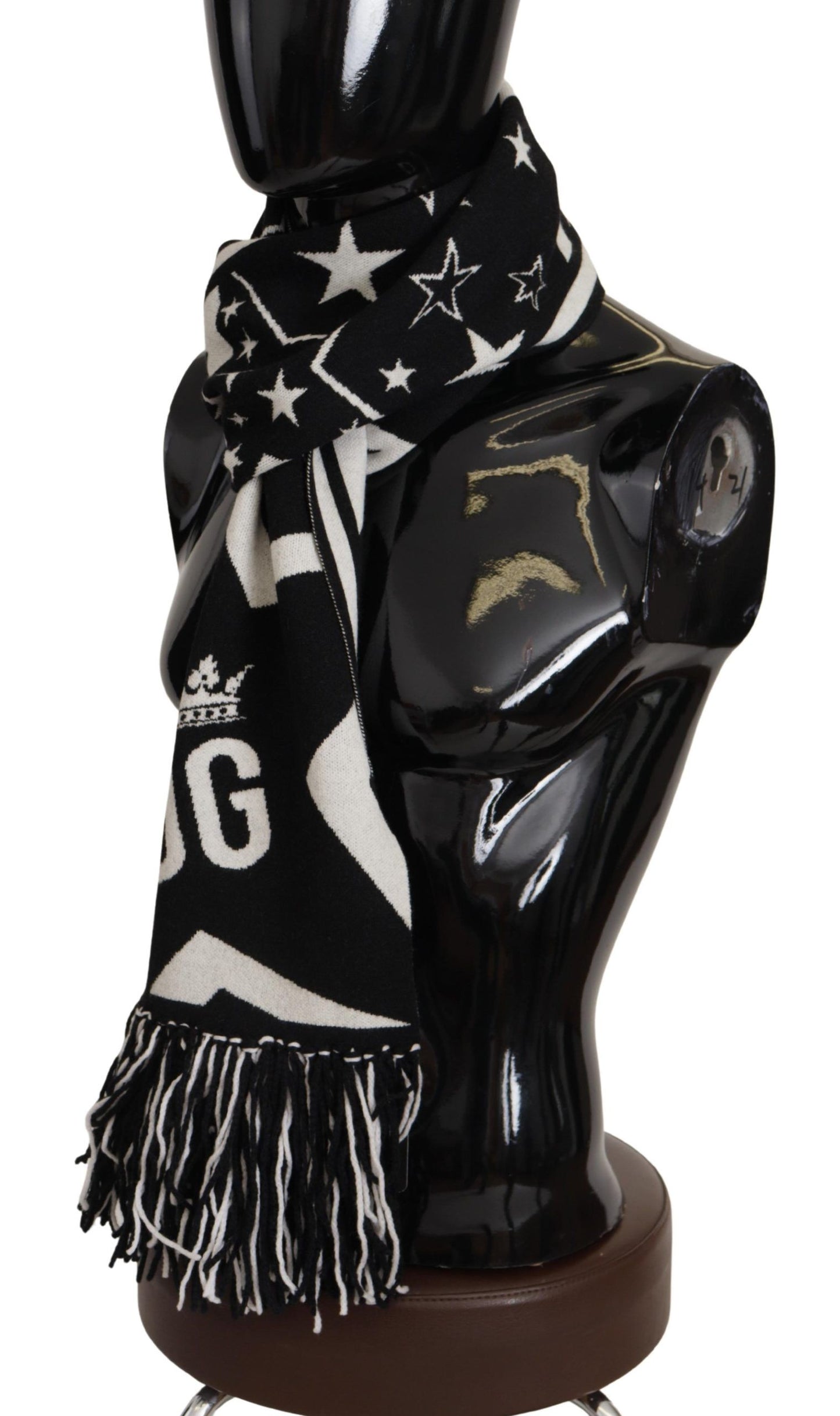 Dolce & Gabbana White Black DG Logo Star Printed Wool Fringe Scarf