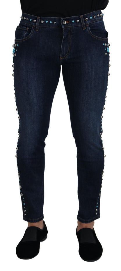 Dolce & Gabbana Blue Cotton Studded Low Waist Denim Jeans