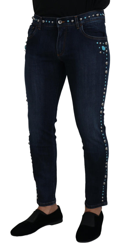 Dolce & Gabbana Blue Cotton Studded Low Waist Denim Jeans