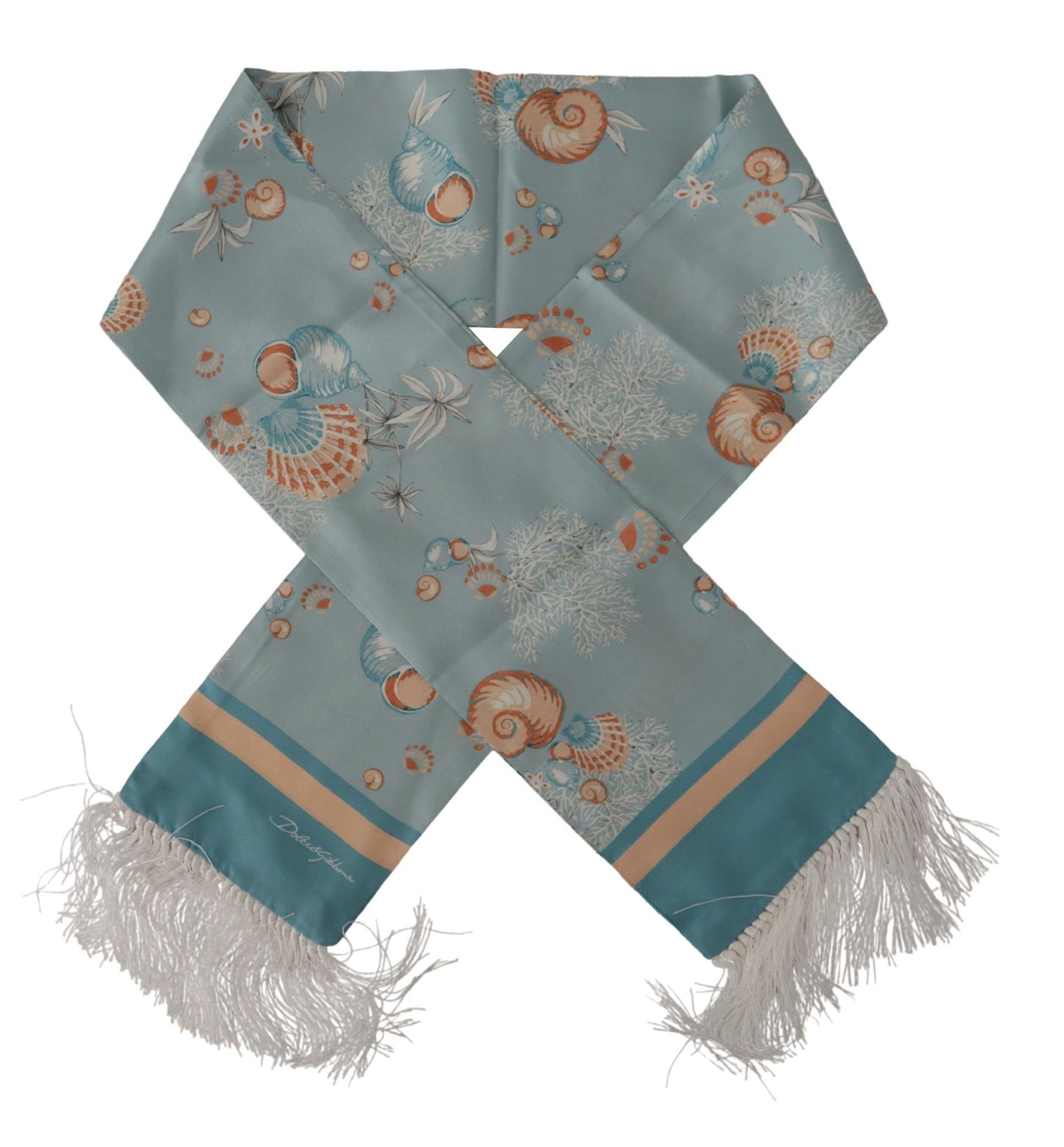 Dolce & Gabbana Blue Silk Shiny Shell-Print Neck Wrap Fringed Scarf