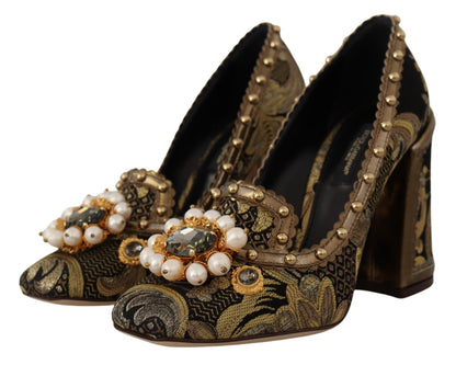 Dolce & Gabbana Gold Crystal Square Toe Brocade Pumps Shoes