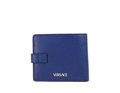 Versace Navy Blue Compact Smooth Leather Gold Toned Medusa Snap Bifold Wallet