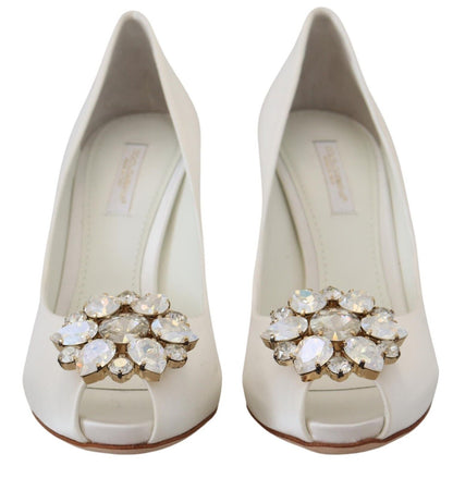 Dolce & Gabbana White Crystals Peep Toe Heel Satin Pumps