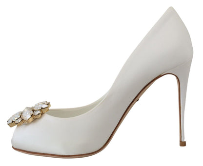 Dolce & Gabbana White Crystals Peep Toe Heel Satin Pumps