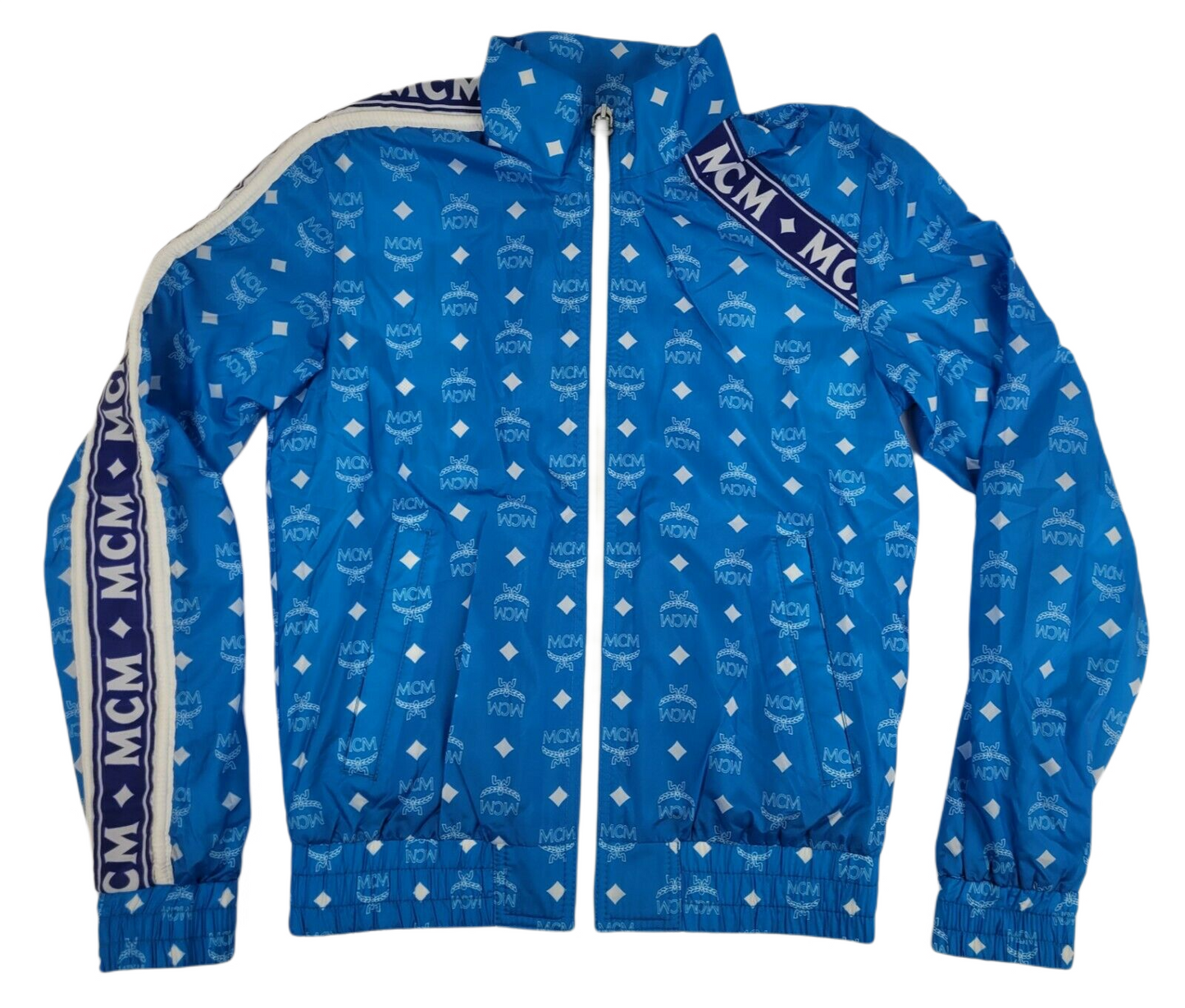 MCM Women's Blue Nylon Bomber Jacket White Logo Print