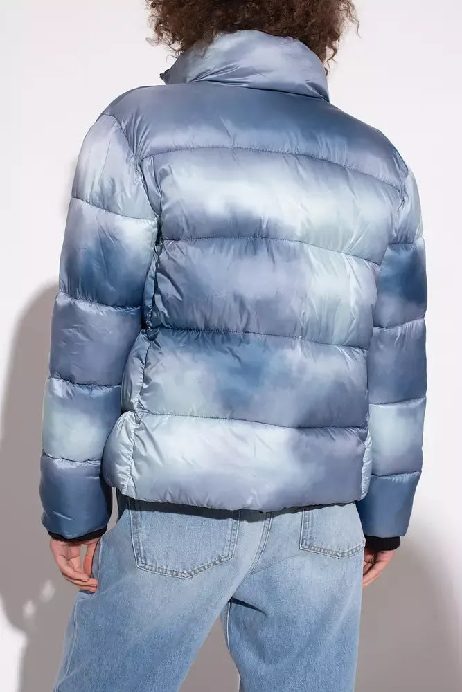 Love Moschino Chic Light Blue Down Jacket with Logo Patch