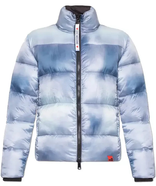 Love Moschino Chic Light Blue Down Jacket with Logo Patch