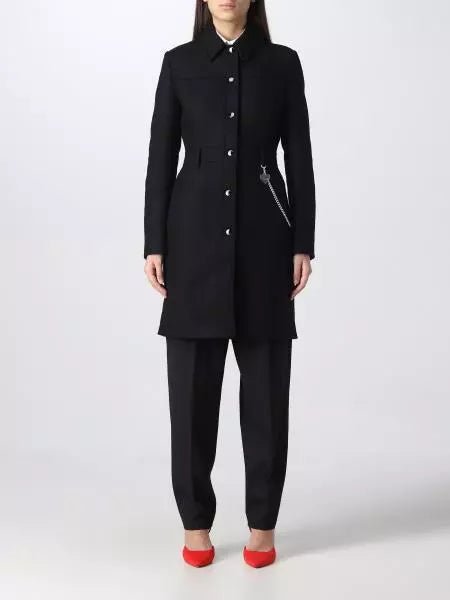 Love Moschino Elegant Black Wool Coat with Silver Chain Detail