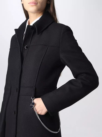 Love Moschino Elegant Black Wool Coat with Silver Chain Detail