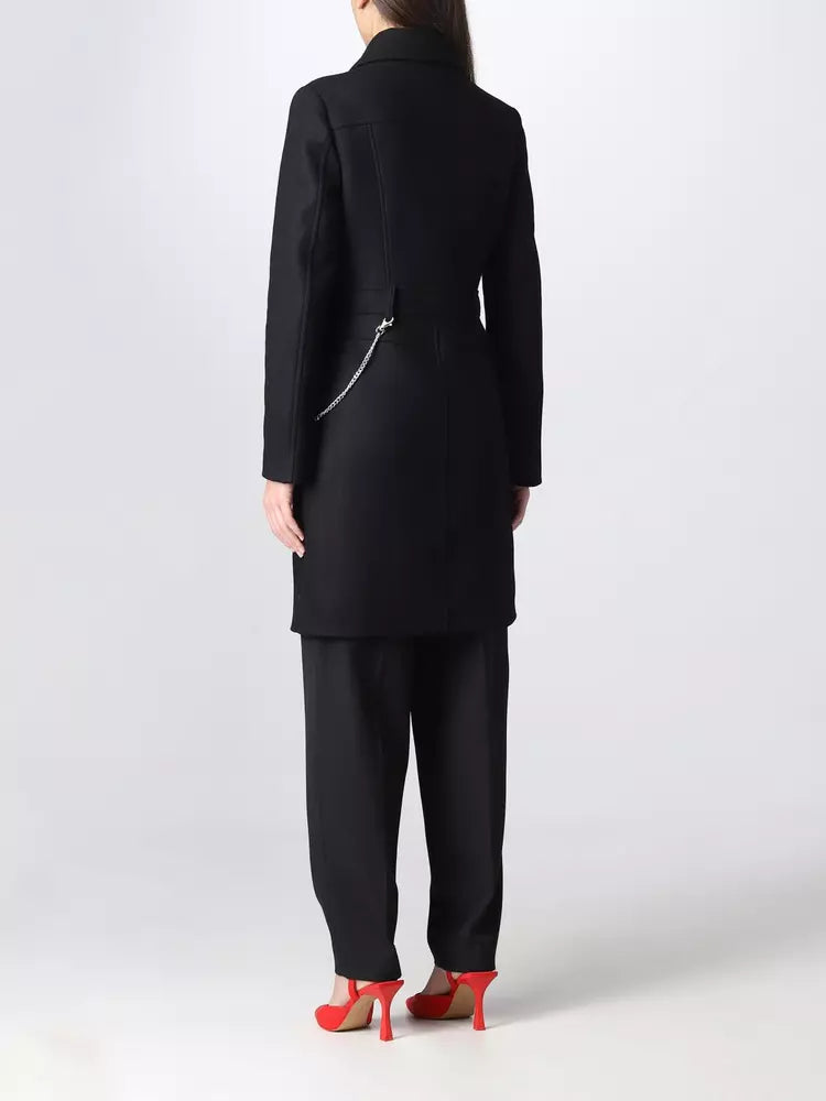 Love Moschino Elegant Black Wool Coat with Silver Chain Detail