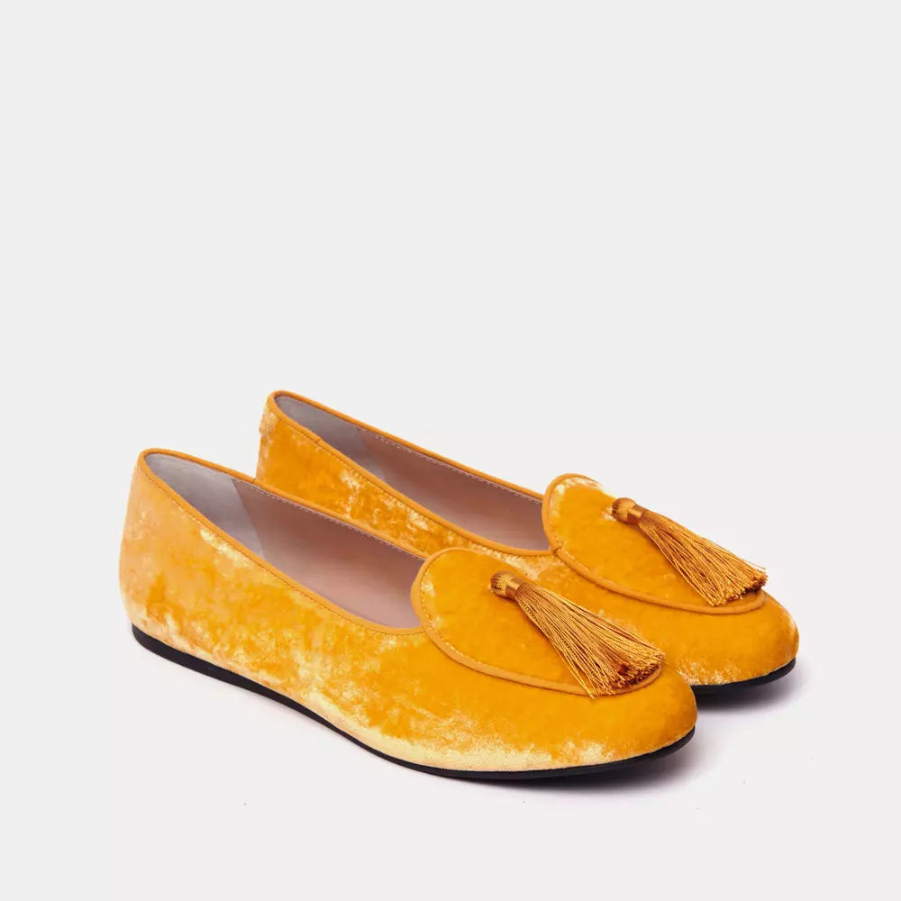 Charles Philip Elegant Velvet Yellow Flats with Tassel Detail